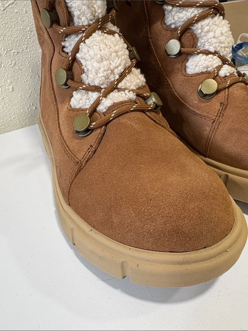 Sorel Explorer III Joan Cozy Shearling-Lace Winter Boots in Brown